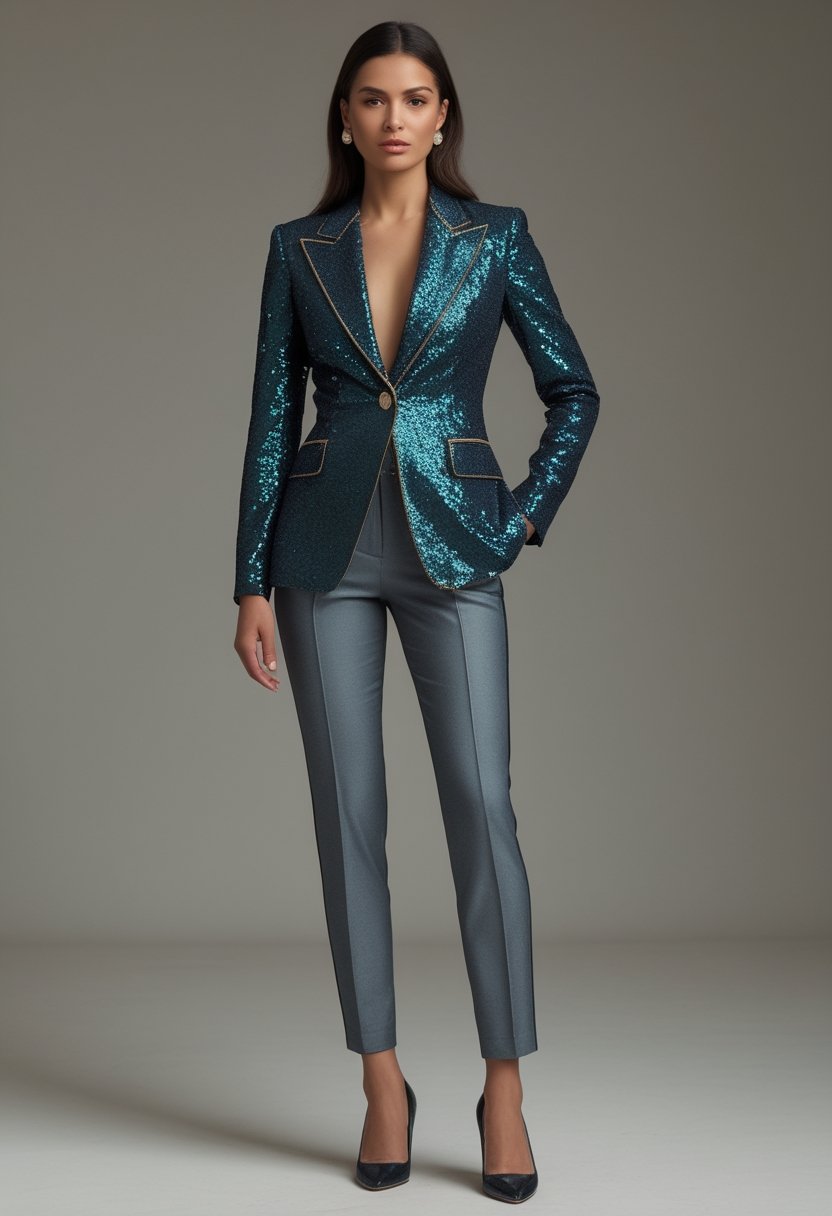 A woman stands indoors wearing a sequined blazer and tailored trousers.