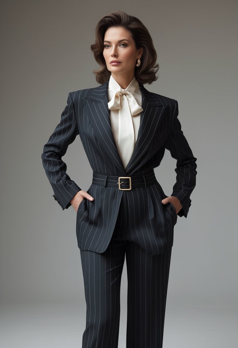 A woman wearing a wide-leg pinstripe suit with a silk neck bow stands in a studio.