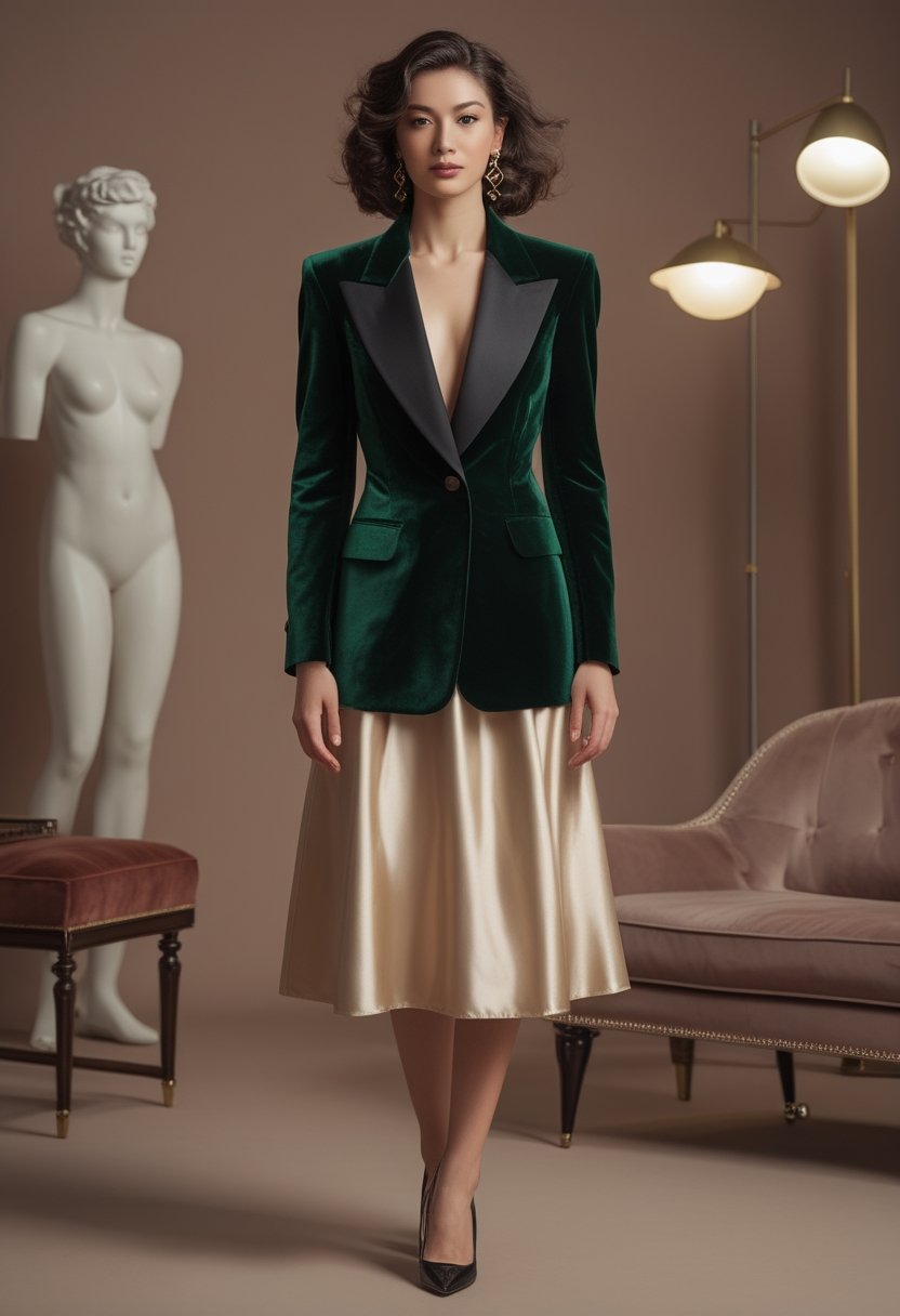 A woman wearing a velvet blazer and satin midi skirt in an elegant studio setting.