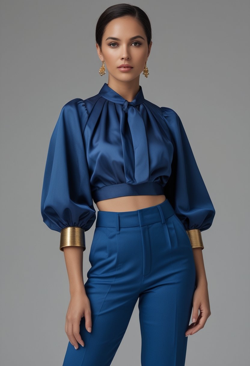 A woman wearing a cobalt blue blouse and matching trousers with gold cuff bracelets.