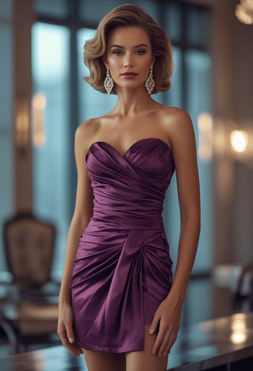 A woman wearing a gathered cocktail dress and large chandelier earrings stands in an elegant evening setting.