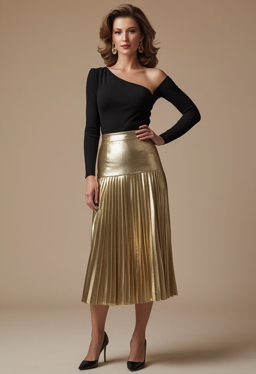 A woman wearing a gold metallic skirt, black one-shoulder top, and black heels in a studio.