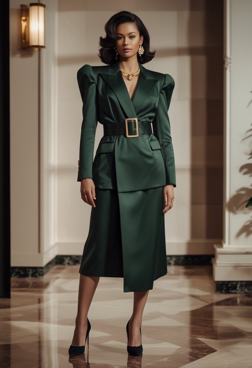 A woman wearing an oversized double-breasted suit secured with a wide waist belt stands in an elegant interior.