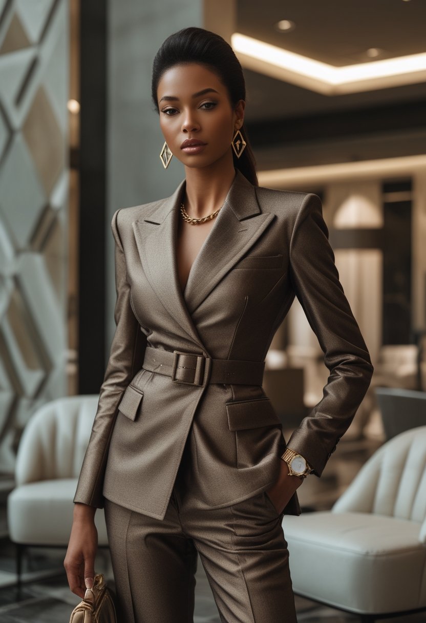 A confident model wearing an elegant tailored suit stands in a luxurious modern interior.