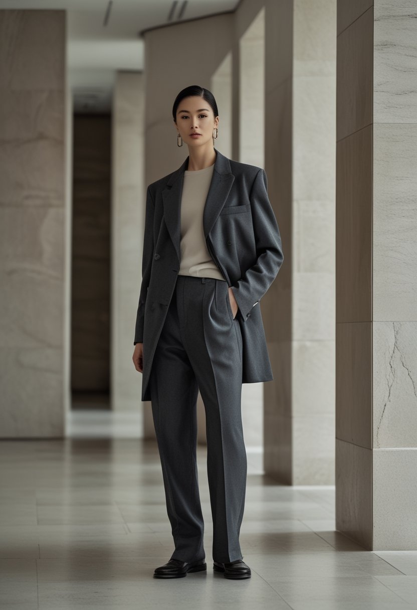 A model wearing an oversized tailored suit stands in an elegant modern interior.