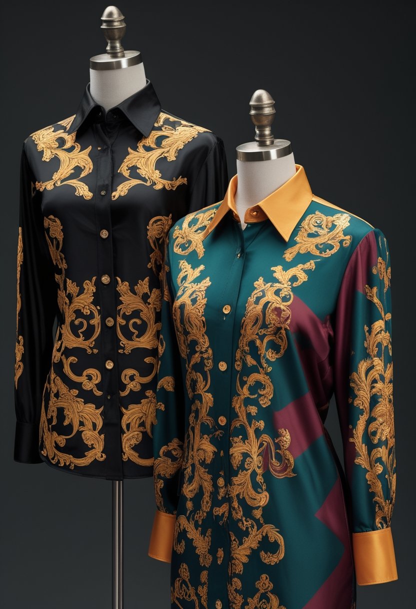 Two ornate silk shirts displayed in a luxurious fashion studio.