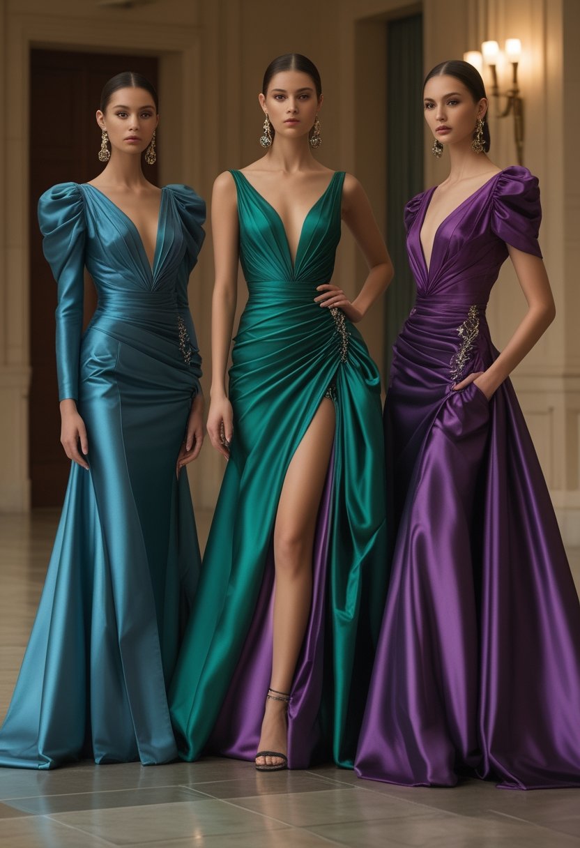 Three models in colorful formal gowns pose in an elegant ballroom.
