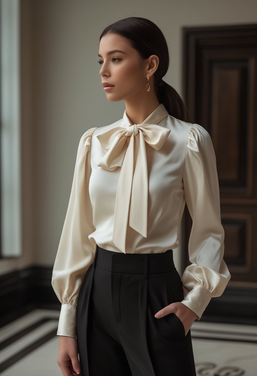 A woman wearing an ivory pussy-bow blouse and black trousers poses in an elegant interior.