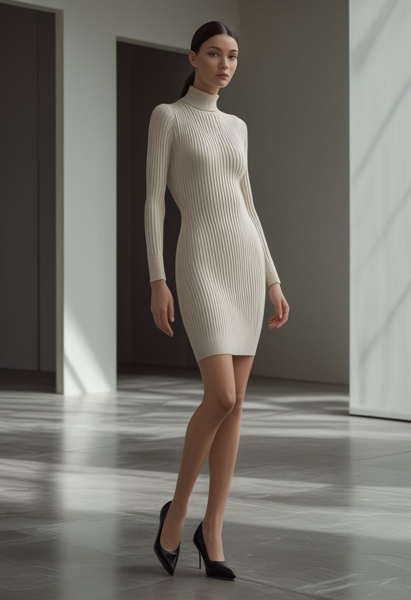 A model wearing a fitted knitted dress stands in a minimalist studio.