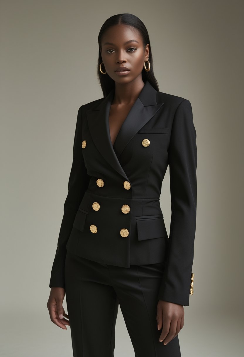 A model wearing a black tailored jacket with large gold buttons in a studio.
