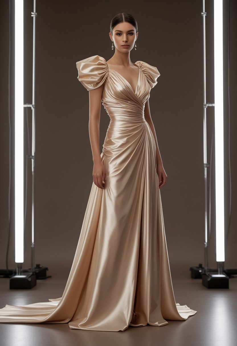 A model wearing a voluminous jewel-toned evening gown in a minimalist studio.