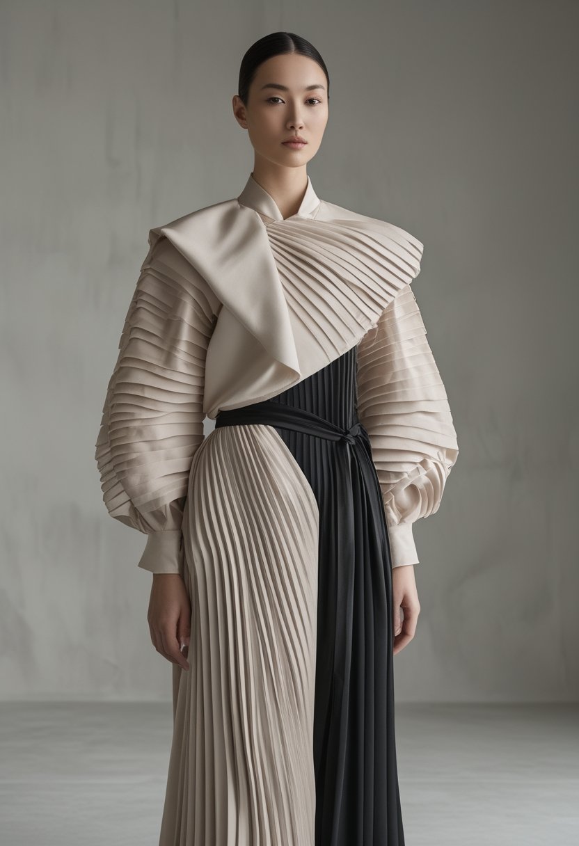 A model wearing a sculptural pleated outfit stands in a minimalist studio.