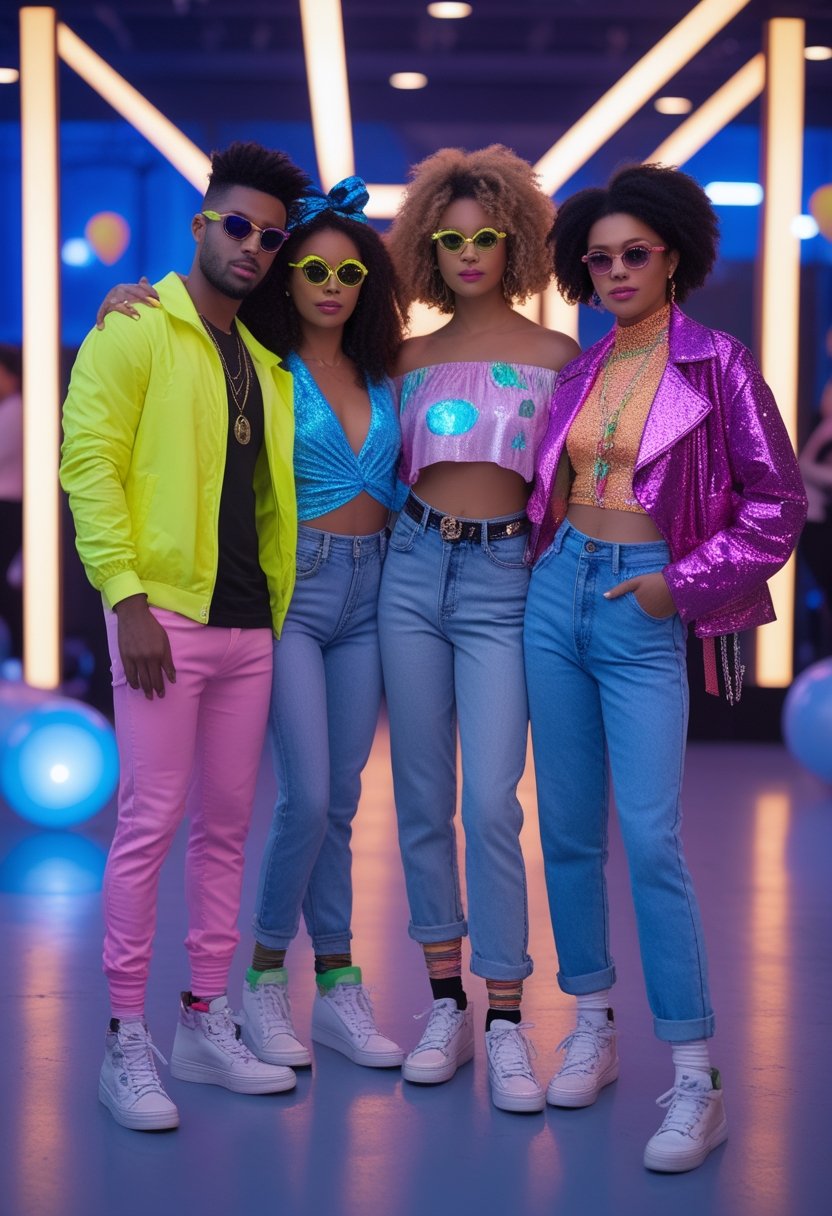 Three adults in colorful 1980s-inspired party outfits pose together at a festive gathering.
