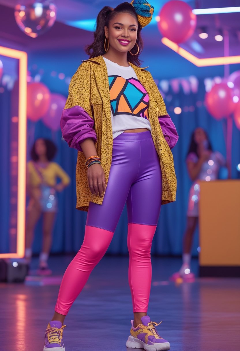 A woman wearing bright leggings and an oversized graphic T-shirt at a colorful 1980s-themed party.
