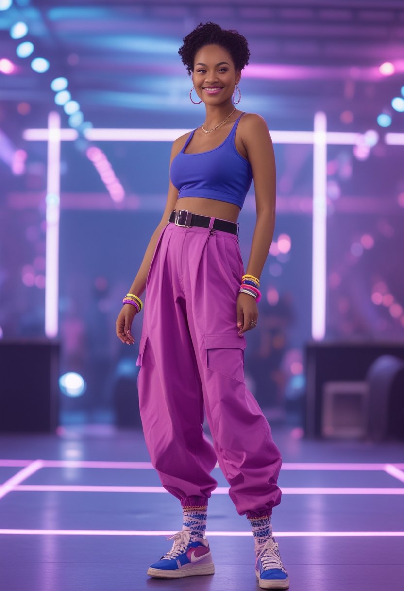 A woman wearing colorful parachute pants and a cropped tank top at a lively party.
