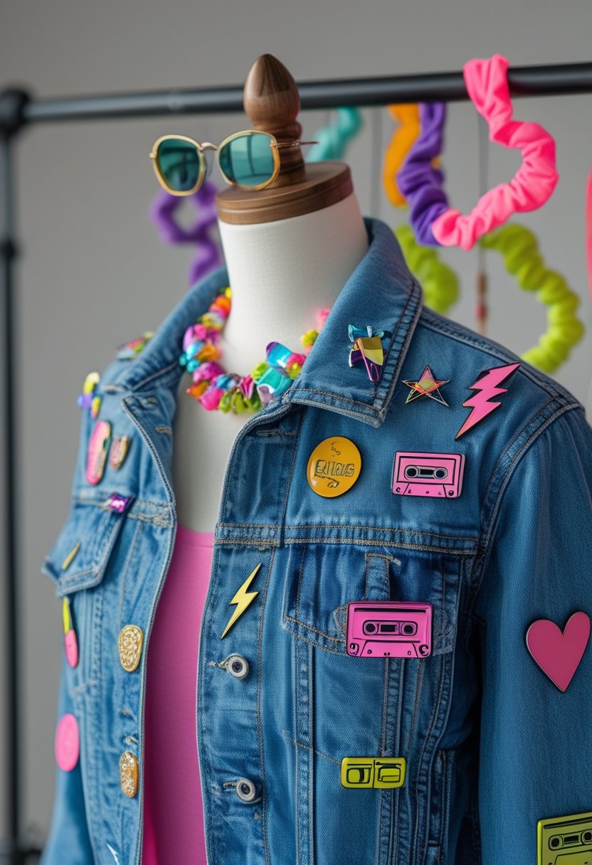 A blue denim jacket decorated with colorful enamel pins and surrounded by bright retro accessories.
