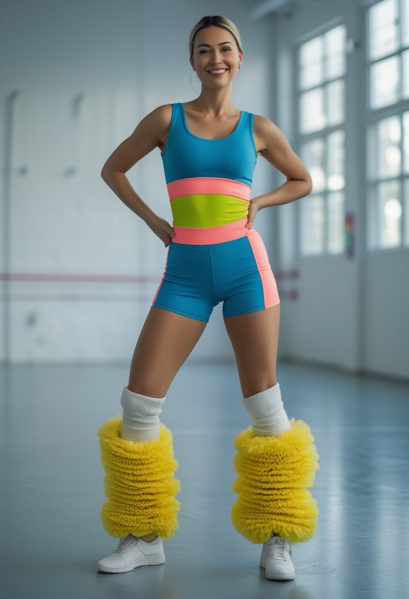 A woman in a colorful aerobics leotard and leg warmers stands in a bright dance studio.