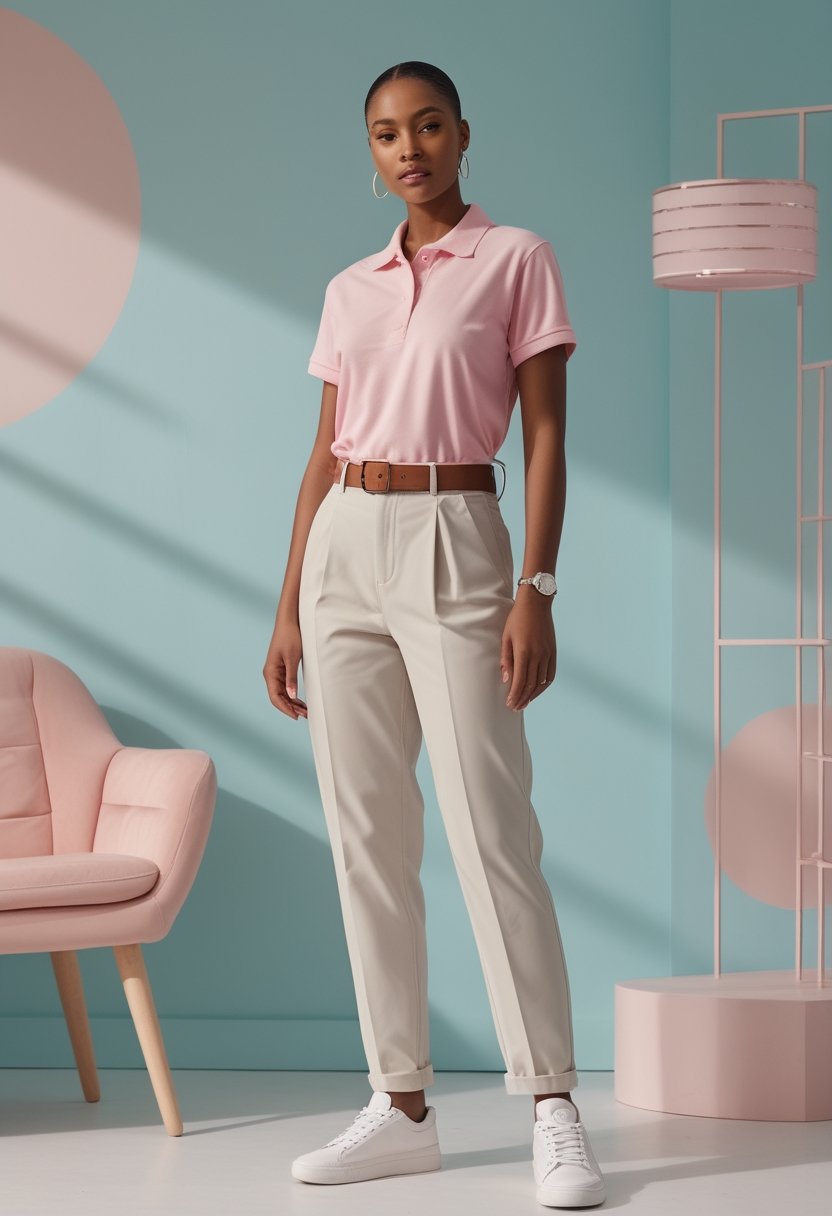 A person wearing a pastel polo shirt, high-waisted trousers, and white sneakers in a bright indoor setting.