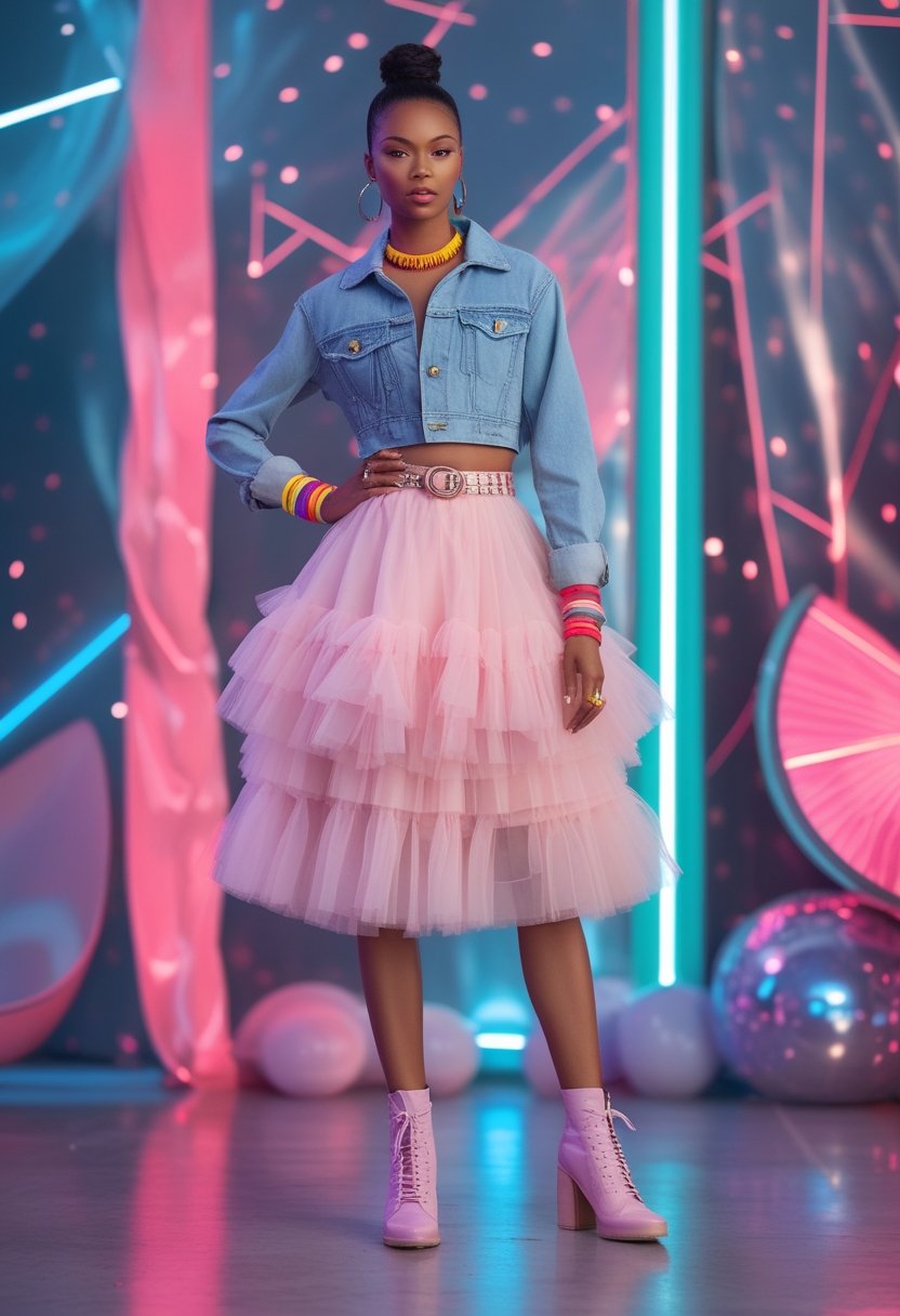 A woman wearing a tulle skirt and cropped denim jacket at a colorful party.