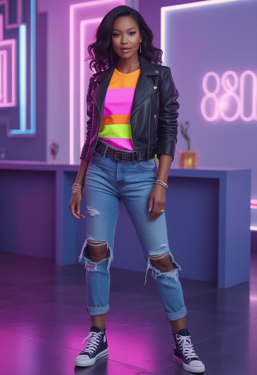Person wearing a black leather jacket, ripped jeans, and retro accessories at a colorful themed party.