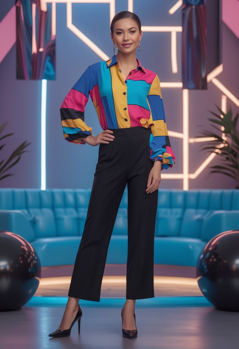 A woman wears a colorful geometric-print blouse with black stirrup pants at a retro-themed party.