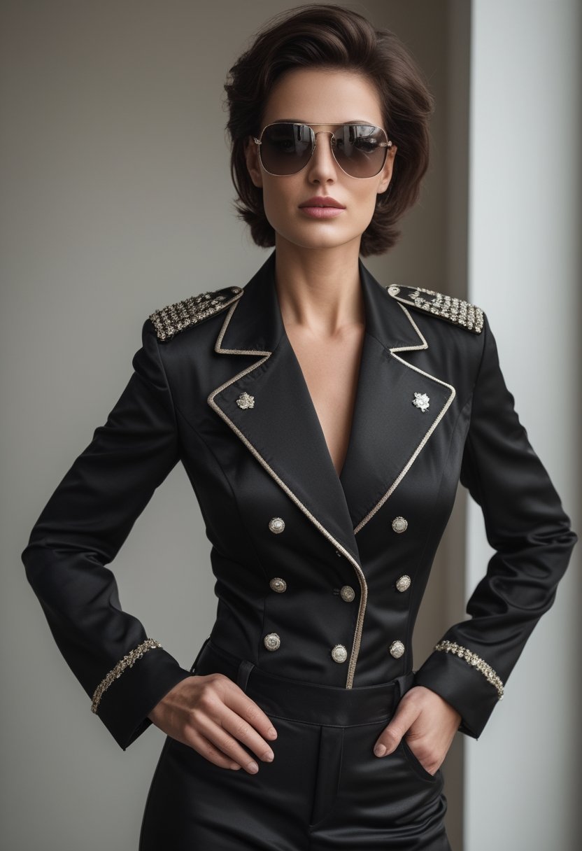 A person wearing a black military-style jacket and aviator sunglasses.