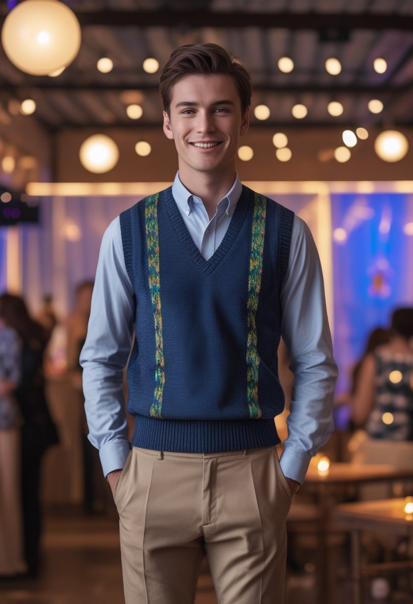 A person wearing a patterned sweater vest over a collared shirt at a retro-themed party.