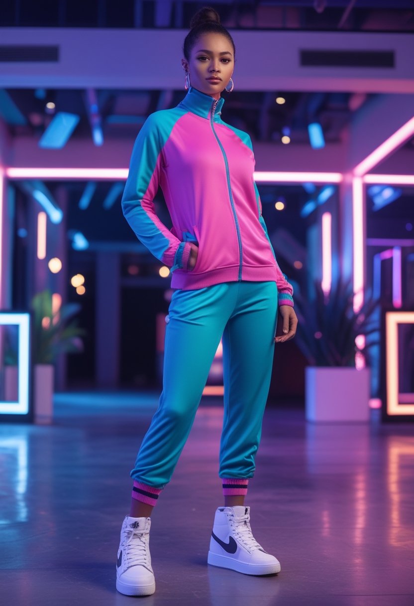 A person wearing a colorful retro tracksuit and high-top sneakers at an 80s-themed party.