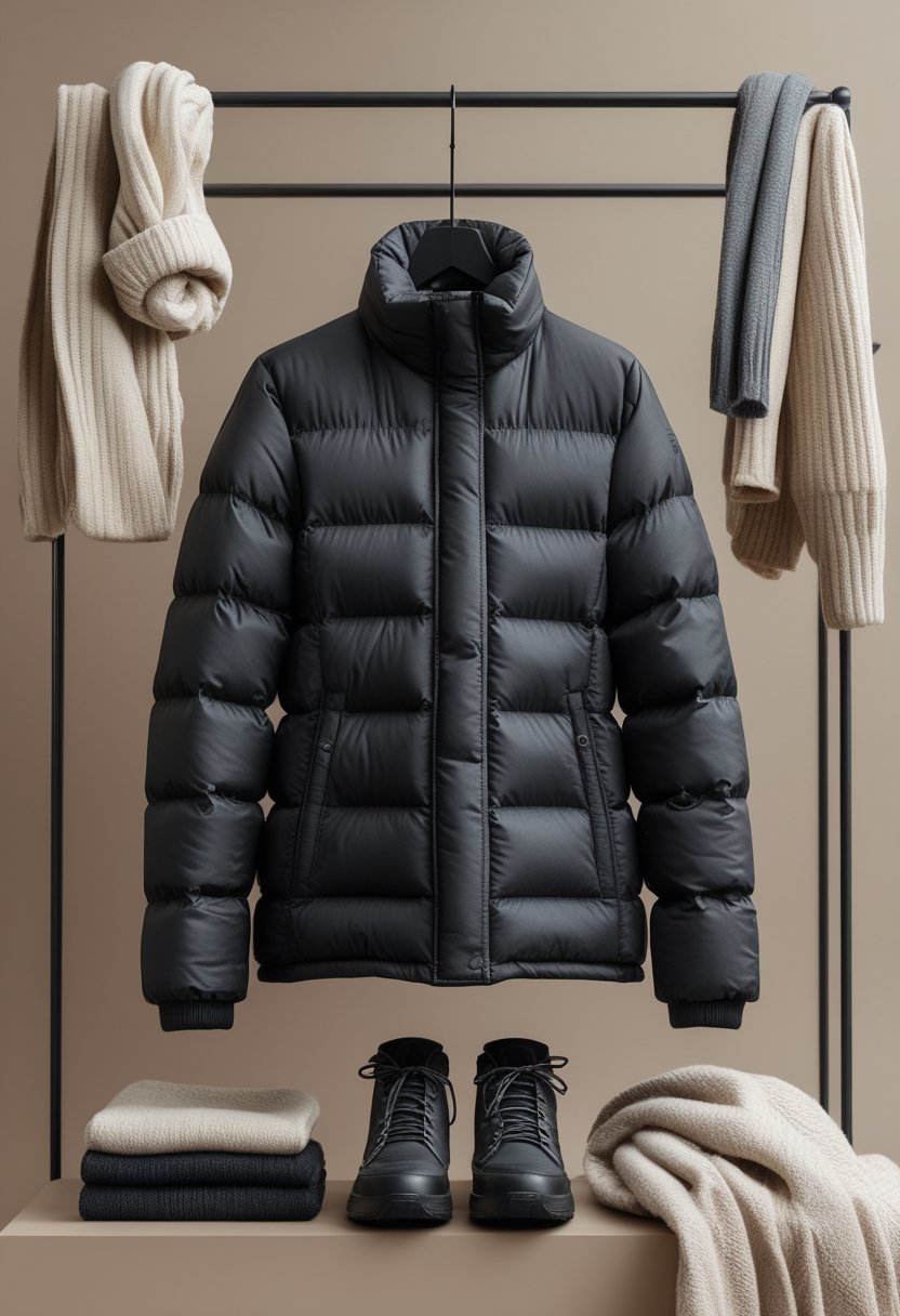 A water-resistant puffer jacket hangs beside neatly arranged winter clothing and boots in a neutral studio setting.