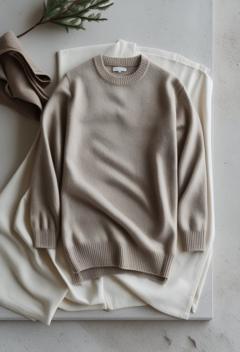 A folded neutral cashmere crew-neck sweater arranged with winter clothing and subtle greenery.
