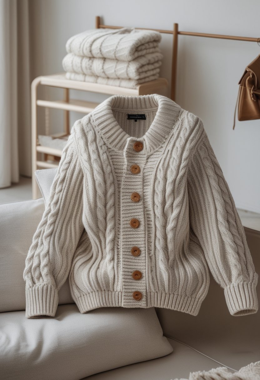 A chunky cream cable-knit cardigan arranged in a bright, minimalist winter wardrobe setting.