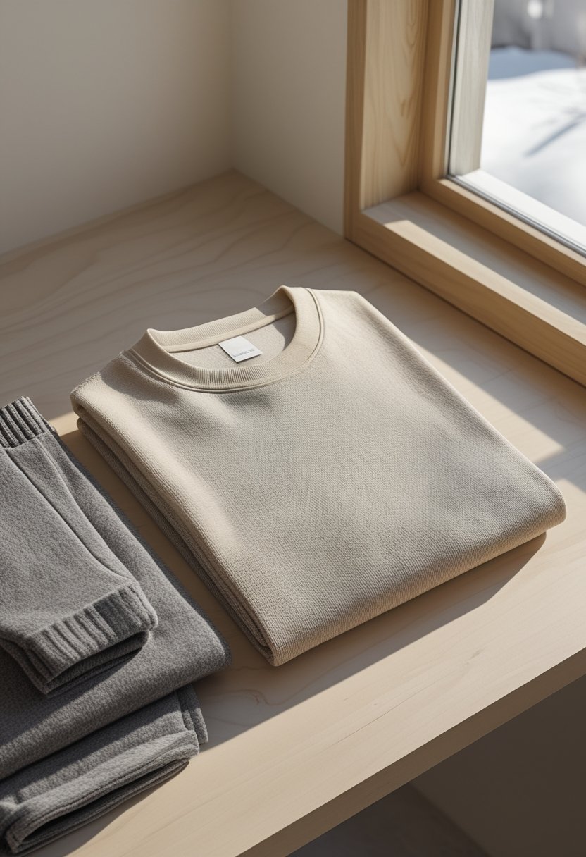 A folded thermal long-sleeve shirt arranged with winter clothing and boots on a light wood surface.