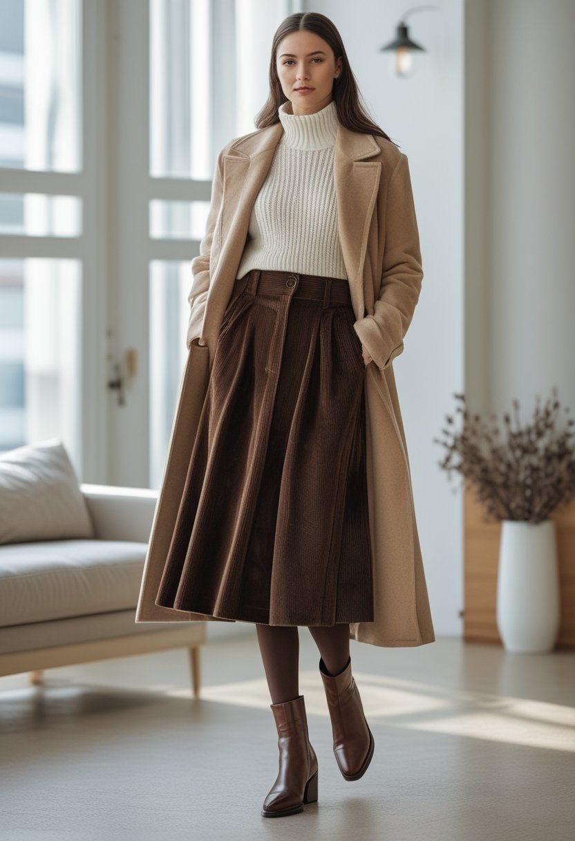 A woman wearing a brown corduroy midi skirt, cream sweater, camel coat, tights, and ankle boots in a bright indoor setting.