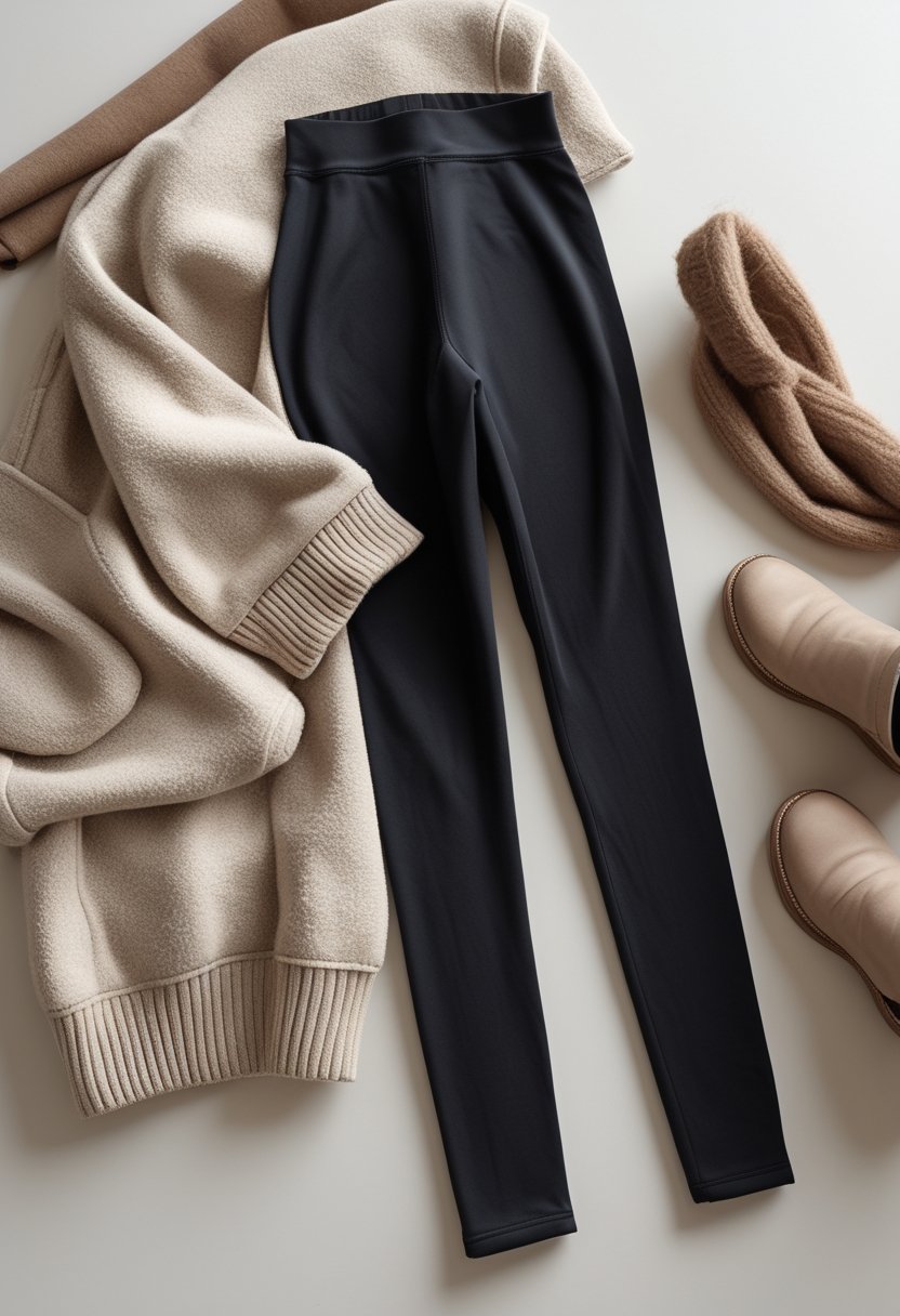 A pair of black fleece-lined leggings arranged with cozy neutral winter clothing and accessories.