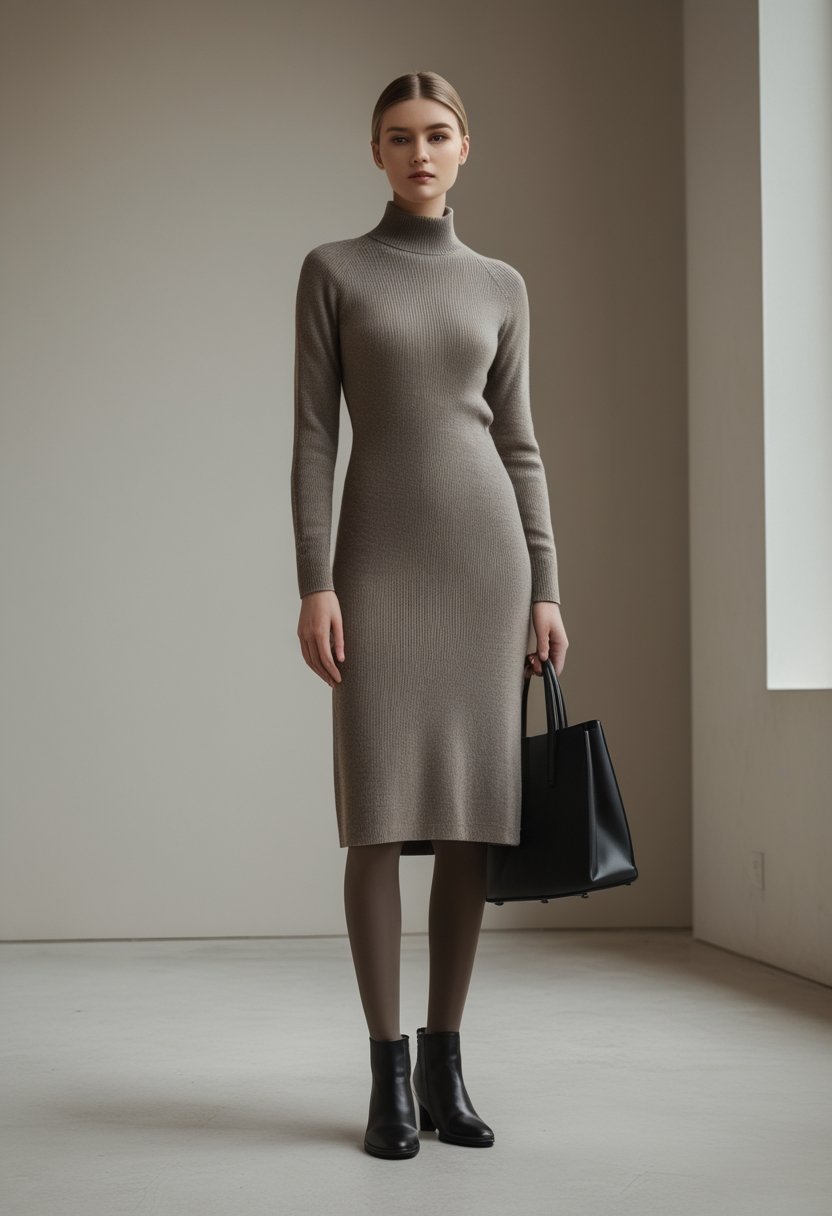 A woman wearing a knee-length sweater dress with ankle boots in a minimalist winter setting.
