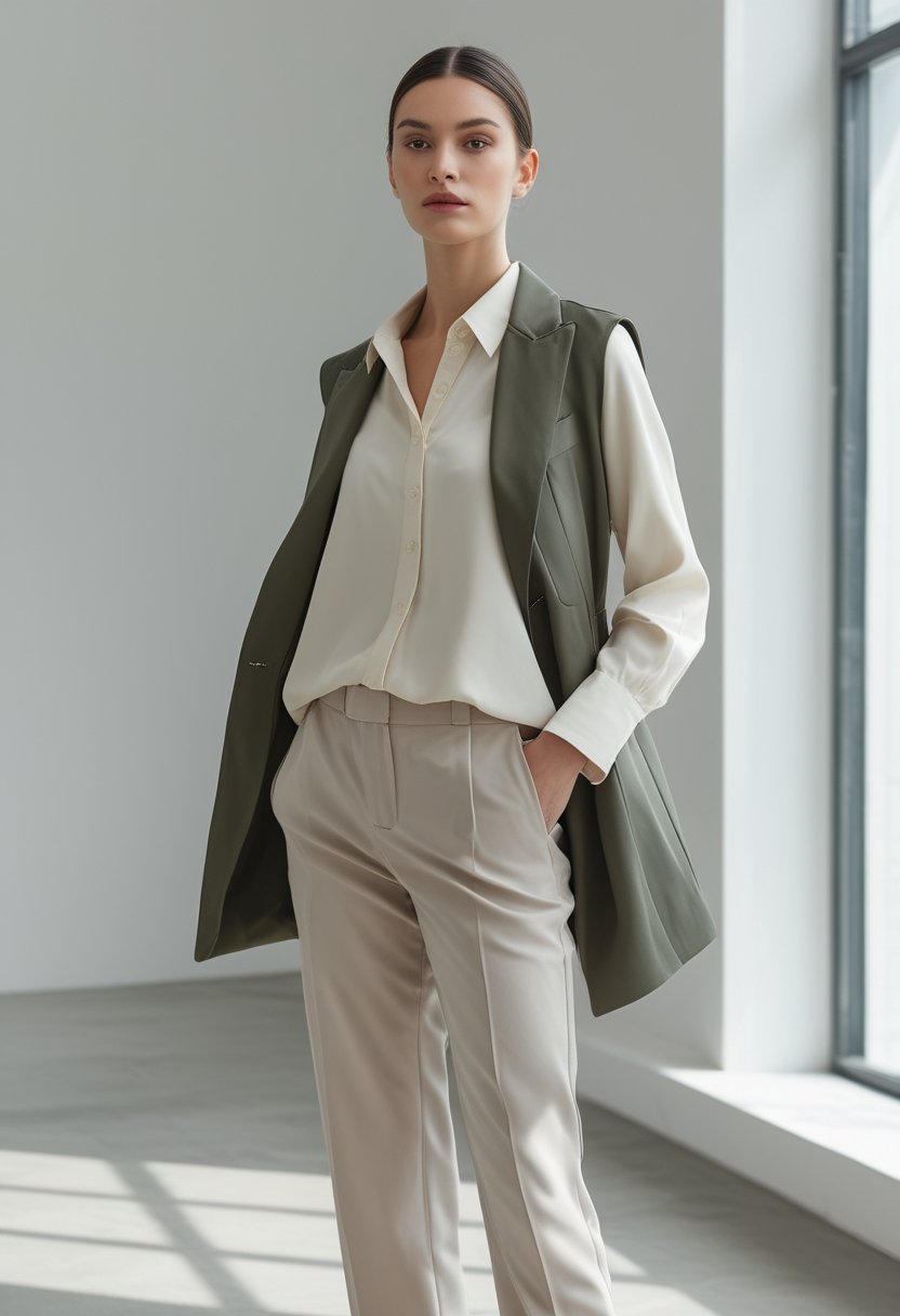 A model wearing a coordinated outfit with several layered clothing pieces in a bright studio.
