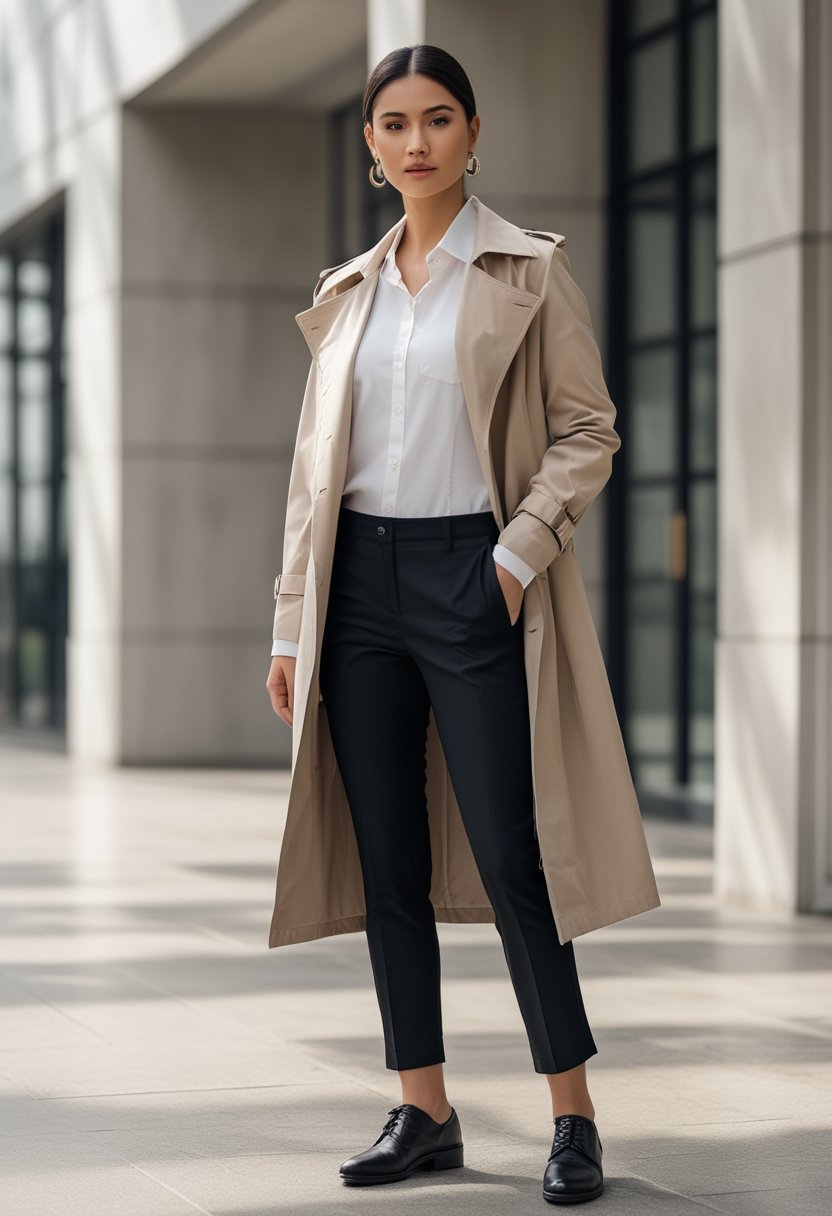 A person wearing a white shirt, beige trench coat, and black trousers in an urban setting.
