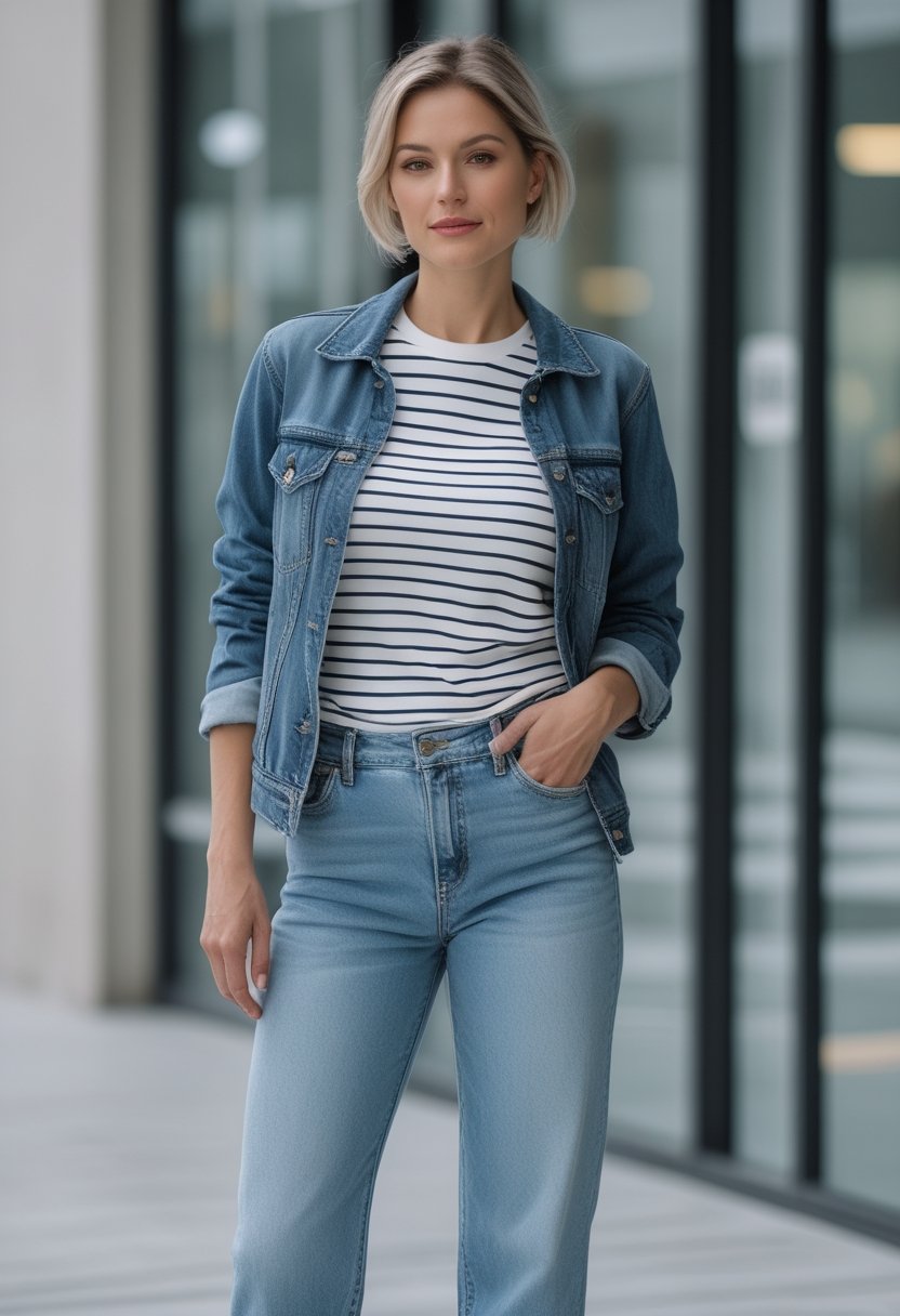 A person wearing a striped T-shirt beneath a denim jacket with straight-leg jeans.