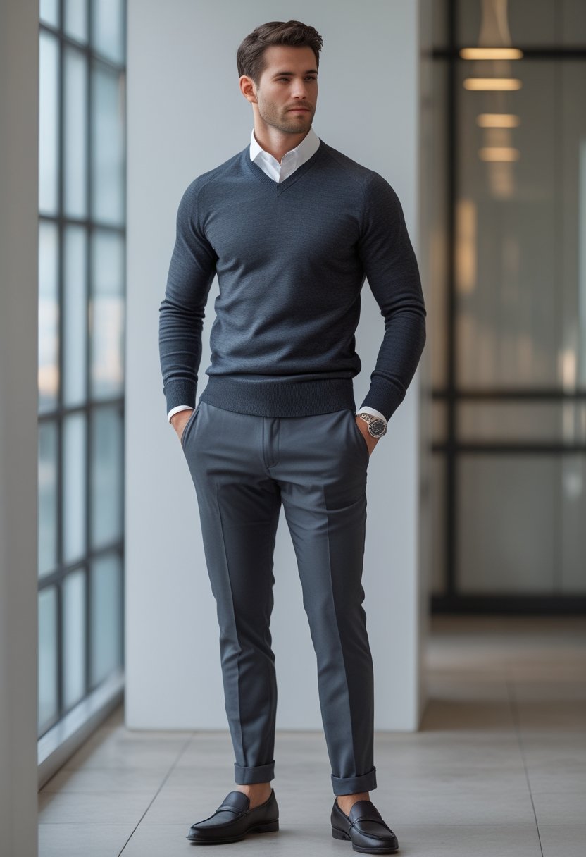 A person wearing a crew-neck sweater over a collared shirt with tailored trousers.