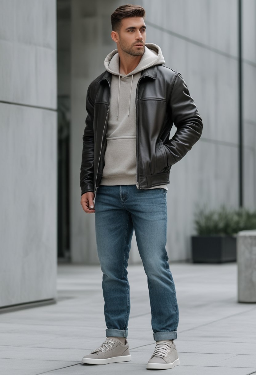 A person wearing a leather jacket over a hoodie with relaxed-fit jeans in an urban setting.