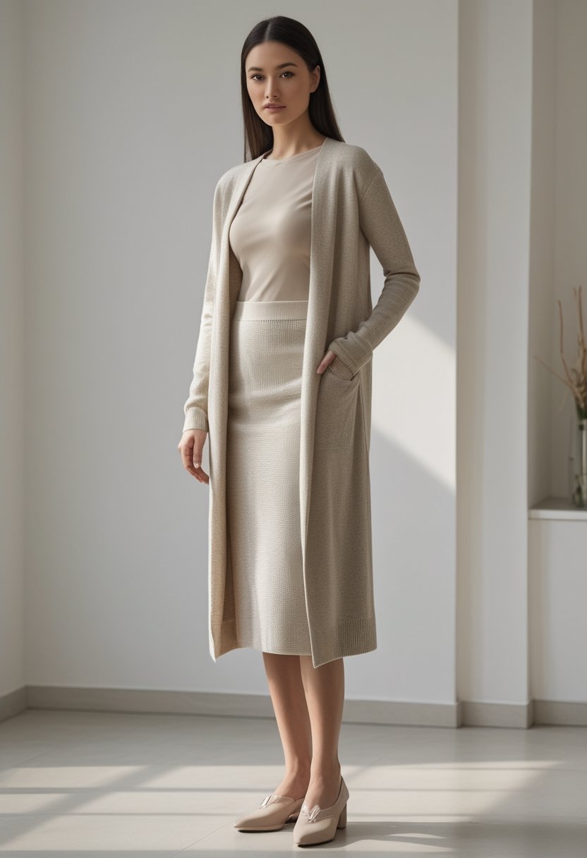 Woman wearing a long cardigan over a fitted top and midi skirt.