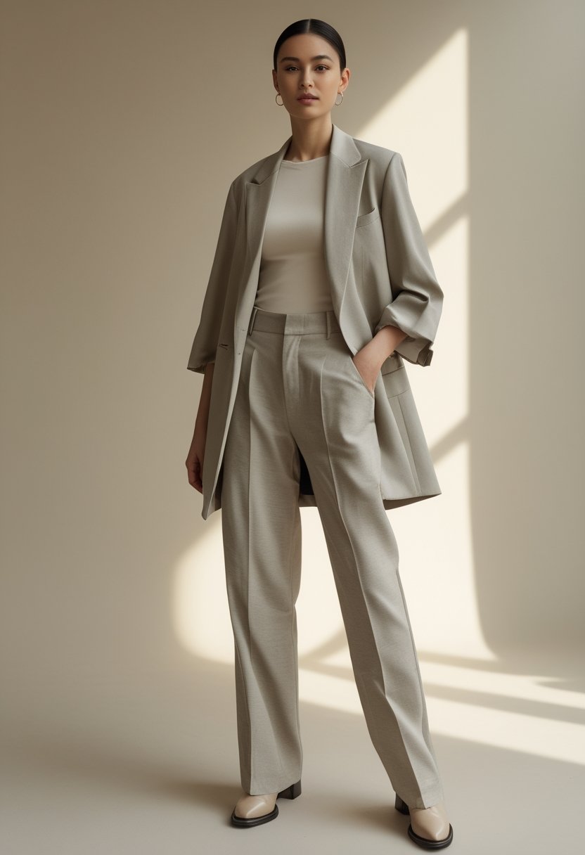 A woman wears an oversized blazer over a tank top with wide-leg trousers in a bright minimalist studio.