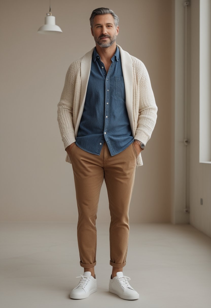 A man wearing a denim shirt under a chunky knit sweater with chinos.