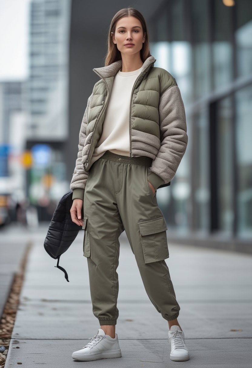 A person wears a cropped puffer jacket over a sweatshirt with cargo pants on a city street.
