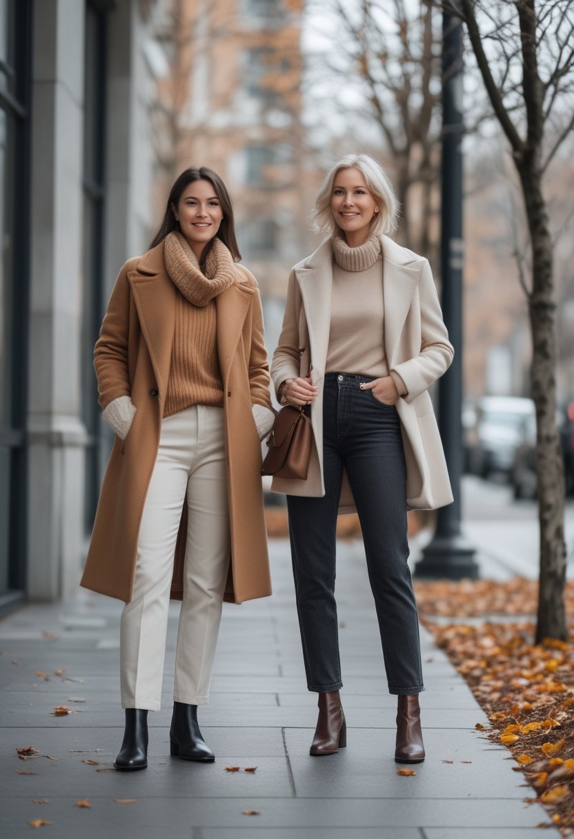 Two adults wearing layered fall-to-winter clothing in an urban setting with autumn leaves nearby.