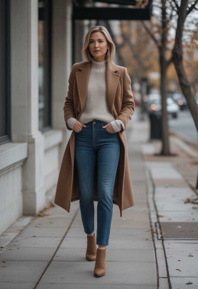A person wearing a wool coat, lightweight knit sweater, straight-leg jeans, and ankle boots walks along a city sidewalk in cool autumn weather.