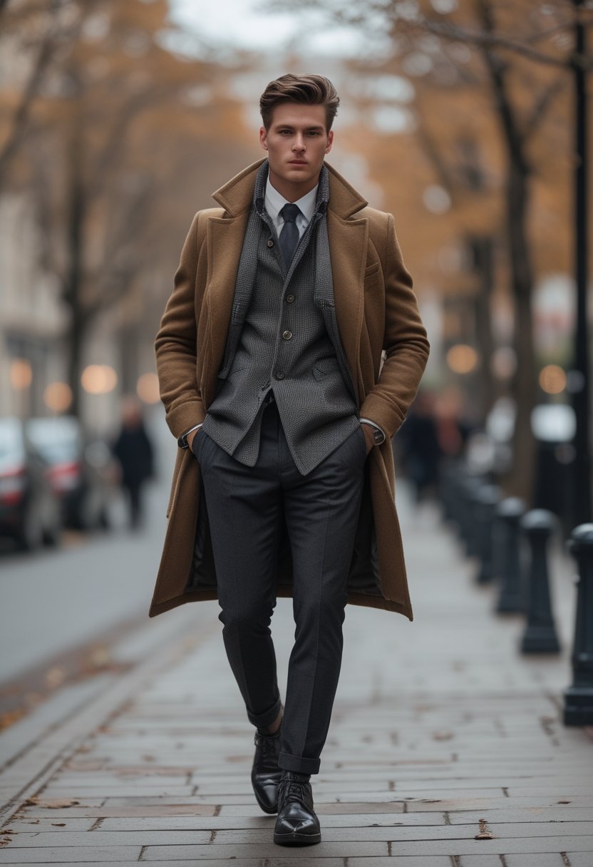 A person wears a quilted liner jacket beneath a tailored overcoat on a city street in autumn.