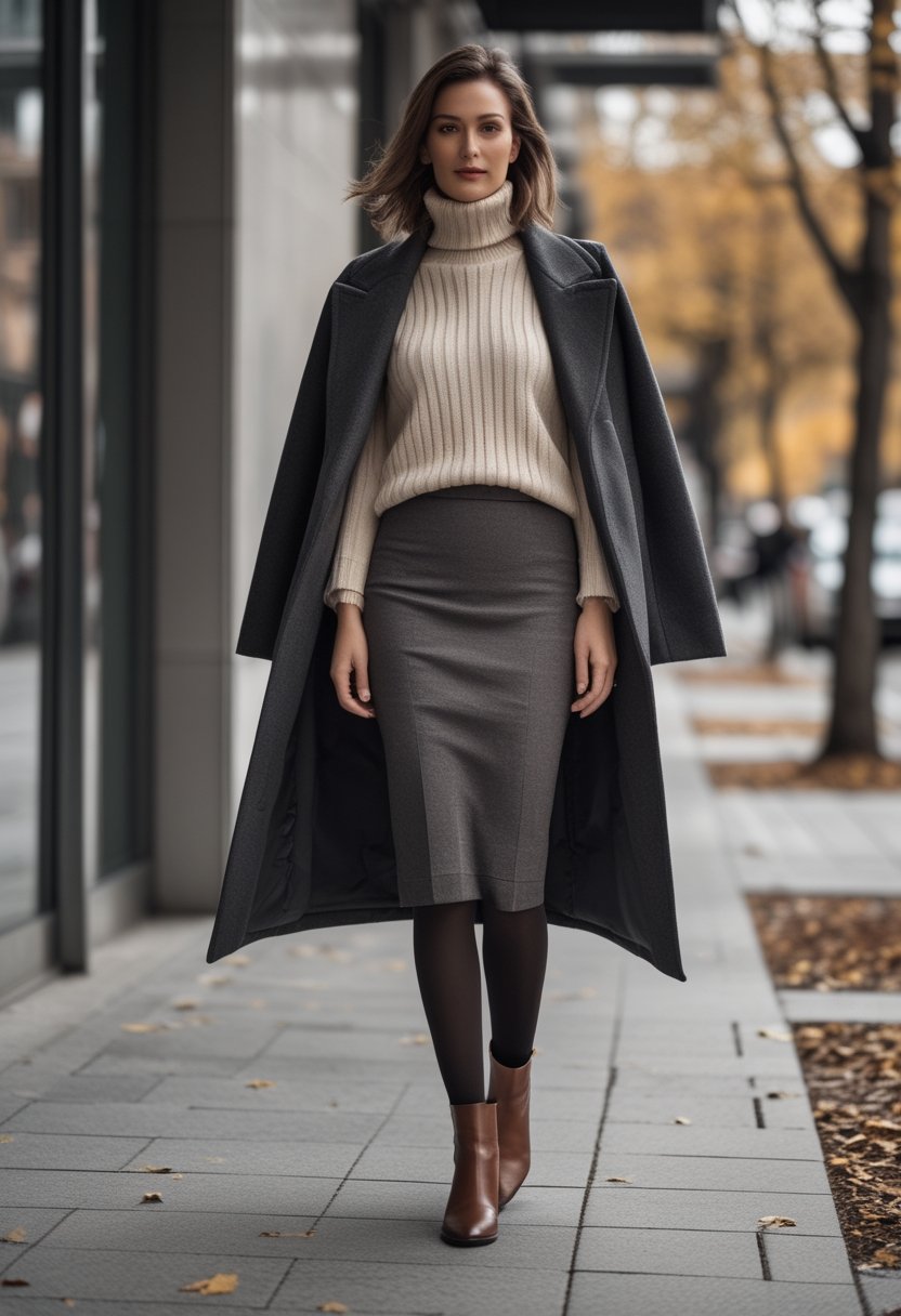 A woman wearing a turtleneck sweater, midi skirt, tights, ankle boots, and a wool coat walks along an autumn city street.