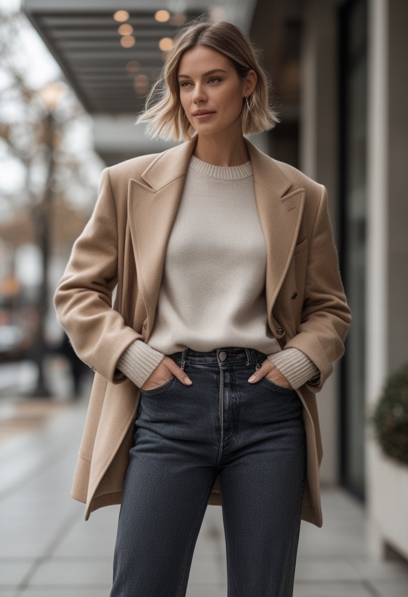 A person wears an oversized blazer over a cashmere sweater and dark denim in an urban autumn setting.