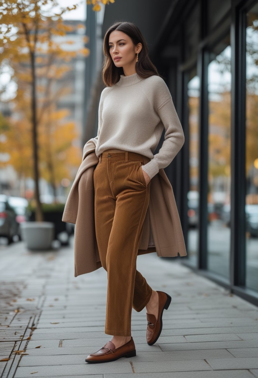 A person wearing brown corduroy trousers, a fine-knit sweater, and leather loafers outdoors in a seasonal city setting.